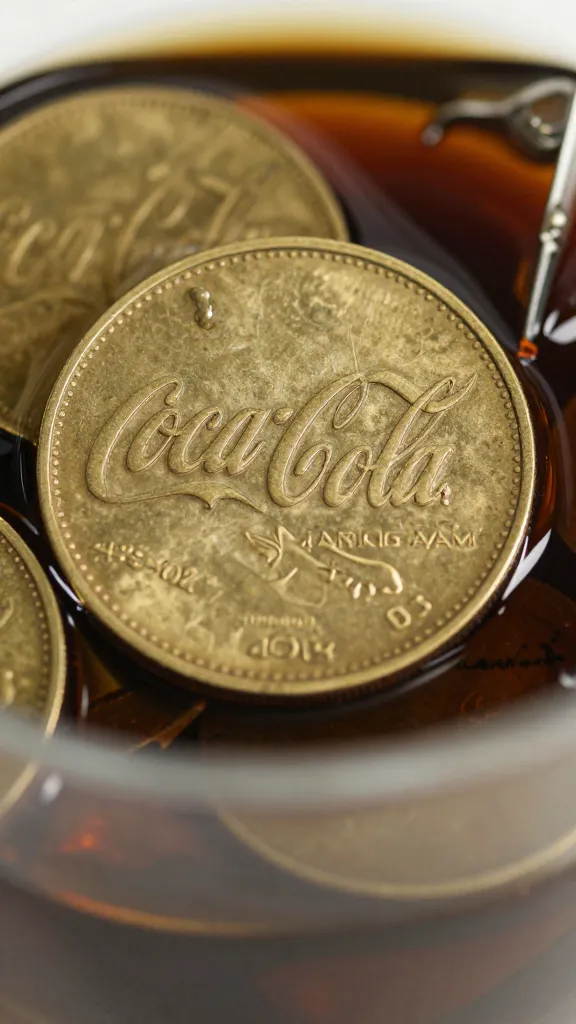 closeup of tarnished brass coin soaking in Coca-Cola
