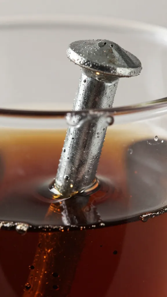 closeup of steel nail partially soaked in Coca-Cola with shine emerging on surface