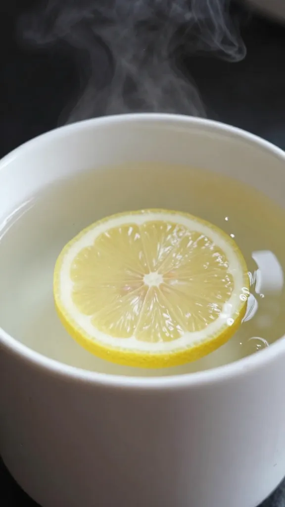 Closeup of a steaming microwave bowl with water and lemon slice