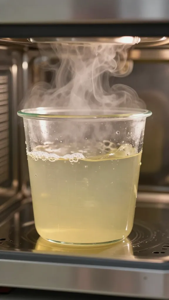 Closeup of steam in microwave cavity after heating water-vinegar solution