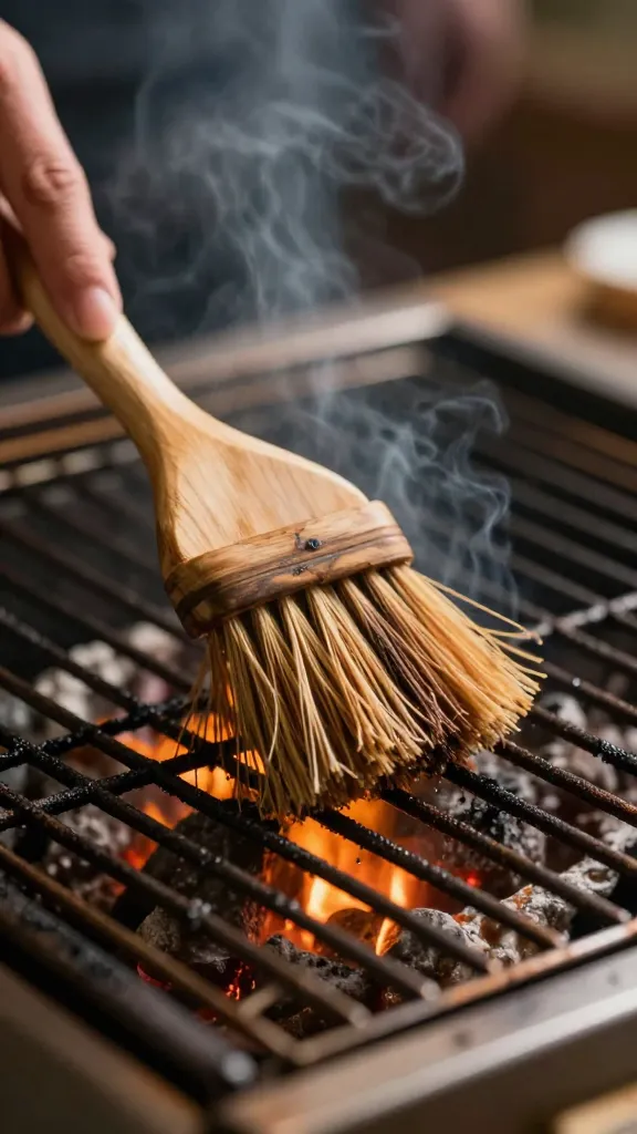 Closeup of a warm grill grate being brushed during cleaning