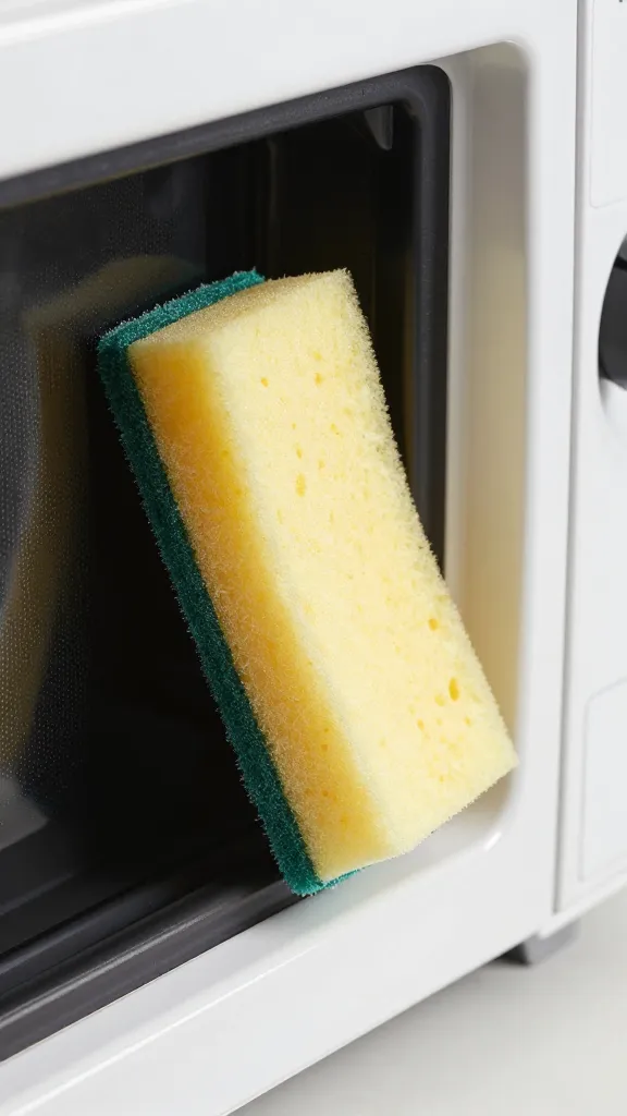 Closeup of a sponge scrubbing the microwave door rim