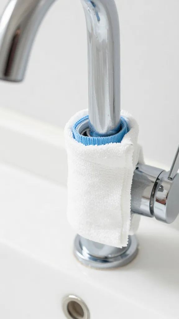 Closeup of a chrome faucet with vinegar-soaked cloth wrapped around base
