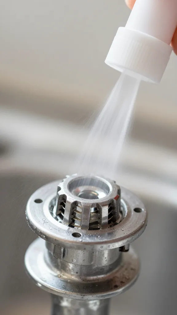 Closeup of faucet aerator being sprayed with white vinegar