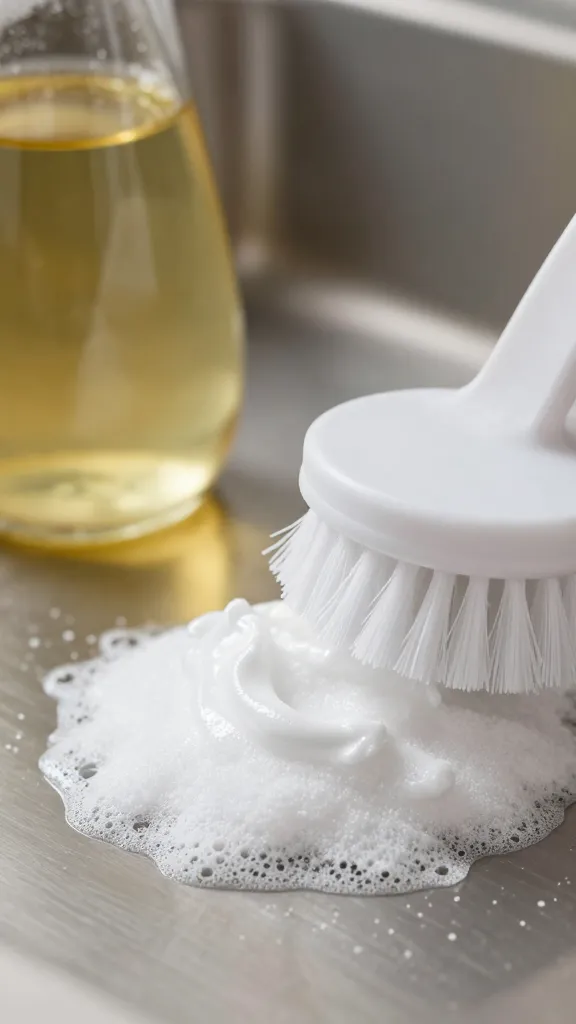 Closeup of vinegar and baking soda paste on faucet surface with soft brush
