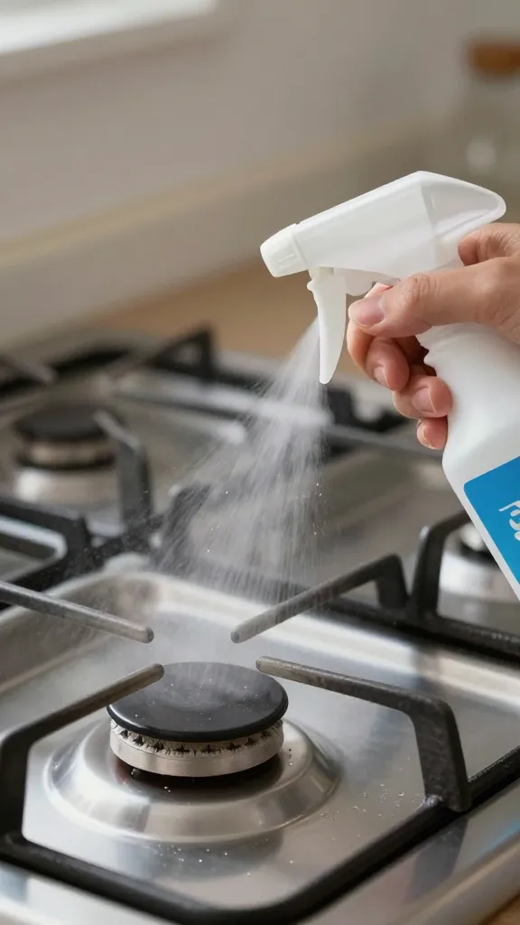 Closeup of a spray bottle misting a gas stove grate