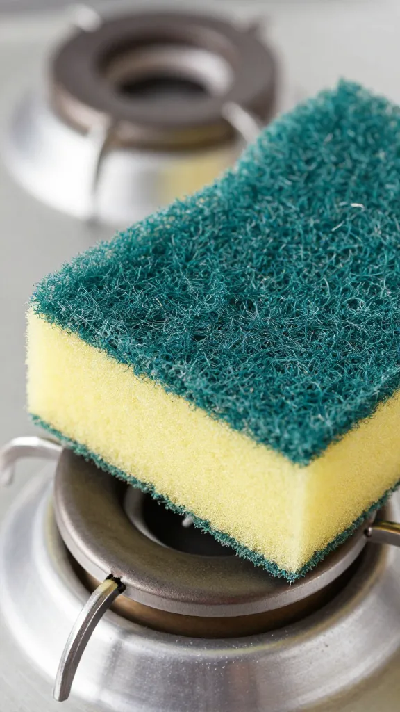 Closeup of a non-scratch scrub sponge cleaning burner cap