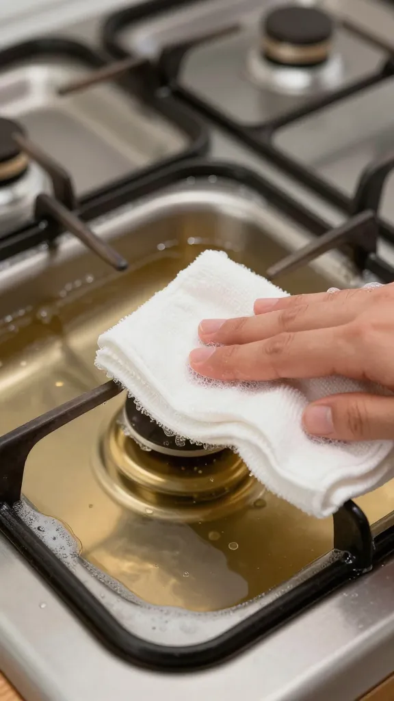 Closeup of warm water and dish soap on a gas stove surface swabbed with cloth
