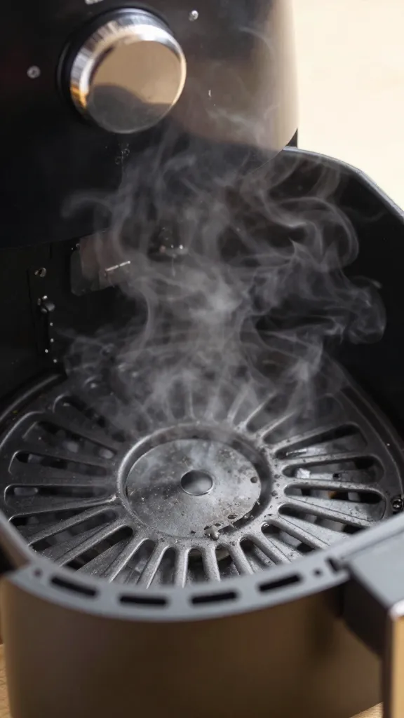 closeup of steam rising from air fryer tray during preheat