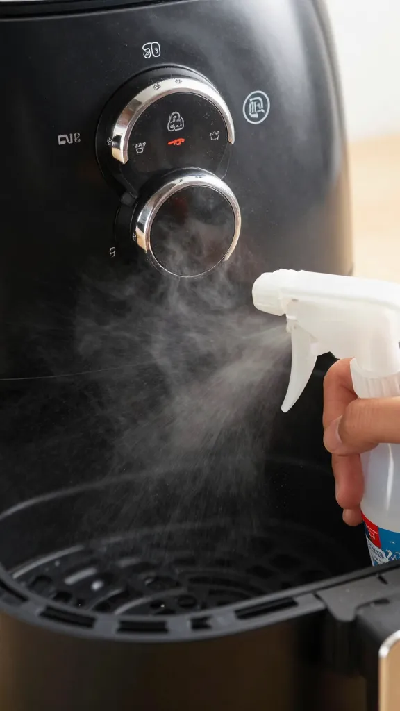 closeup of spray bottle mist hitting air fryer exterior surface