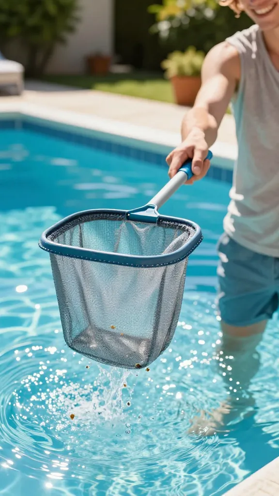 closeup of a DIY skimmer sock secured to a net handle