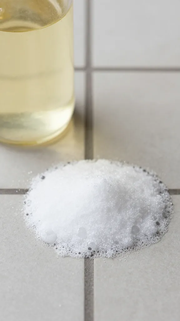 Closeup of vinegar and baking soda fizz on grout lines
