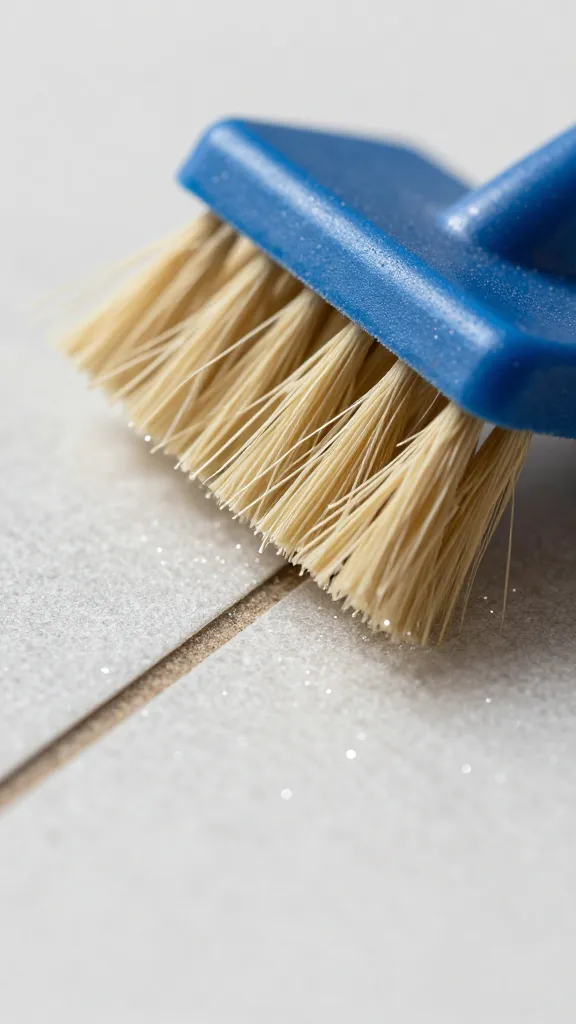 Macro shot of a stiff grout brush cleaning sparkling grout