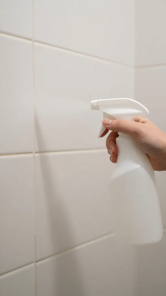 Focused image of a spray bottle mist over tile shower grout