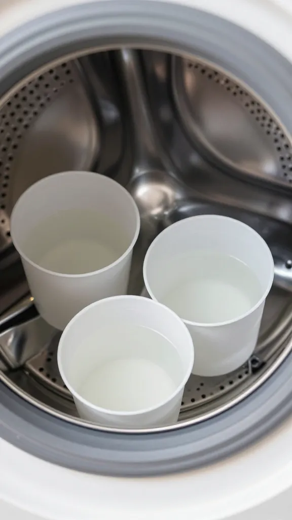 Closeup of a washing machine drum with two cups of white vinegar inside