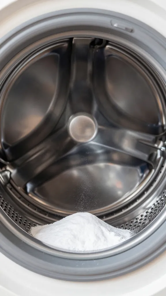 Closeup of baking soda sprinkled inside a washing machine drum for cleaning