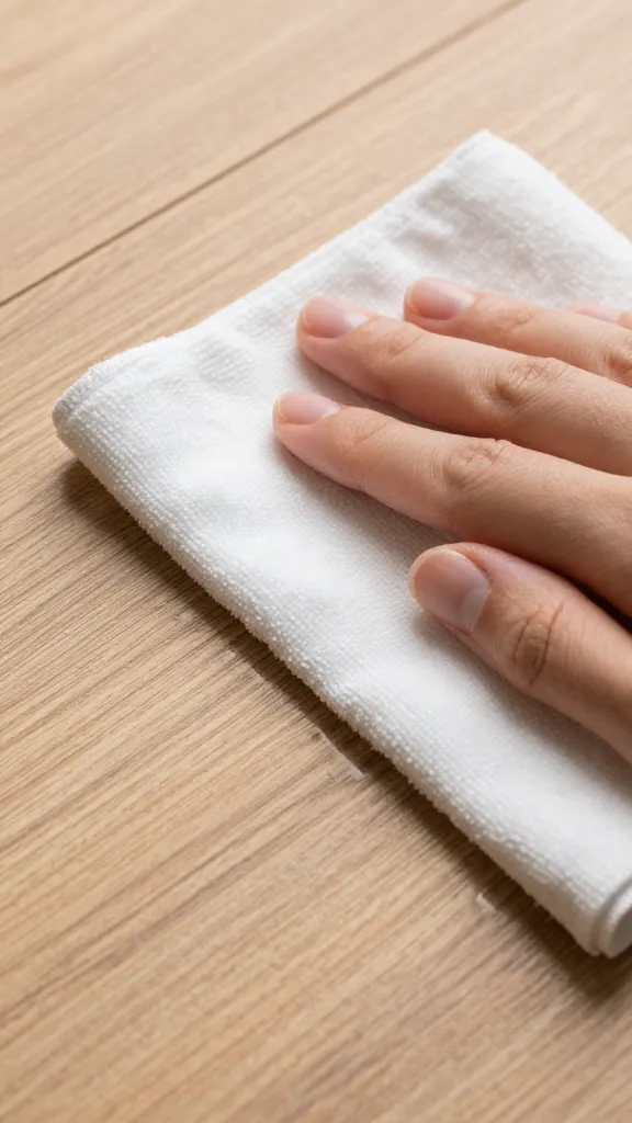 Closeup of microfiber cloth wiping wood grain with light dampening