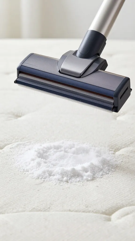 Closeup of vacuuming beads lifted from mattress after baking soda