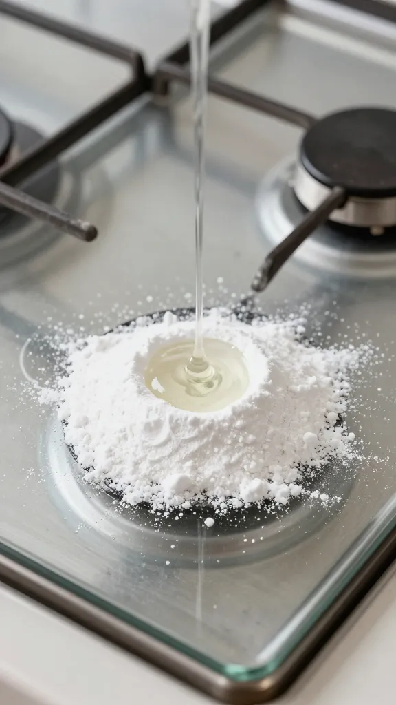 Closeup of a glass stove top with vinegar spray and baking soda sprinkle