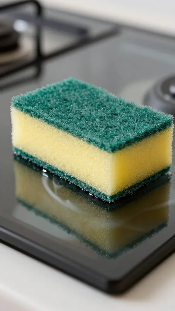 Macro shot of a sponge polishing a glass stove surface to a glossy finish