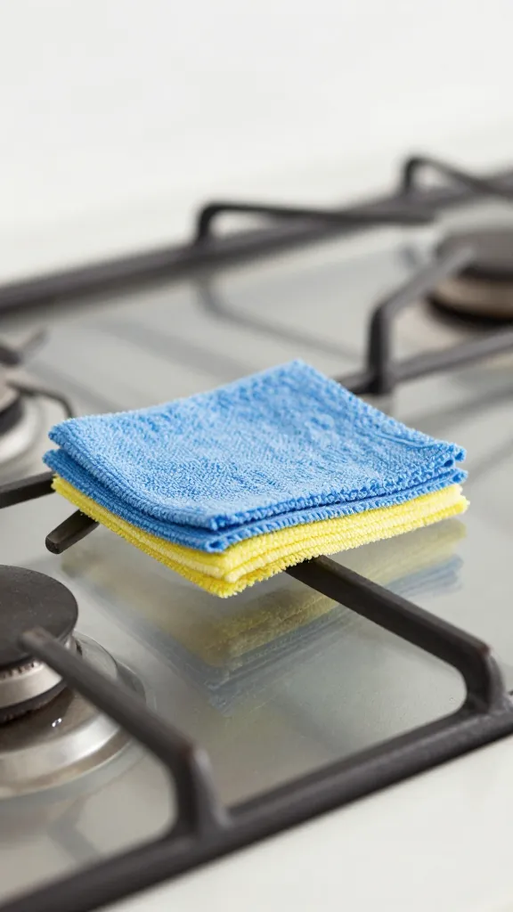 Focused image of a microfiber cloth buffing a clean, reflective glass stove top