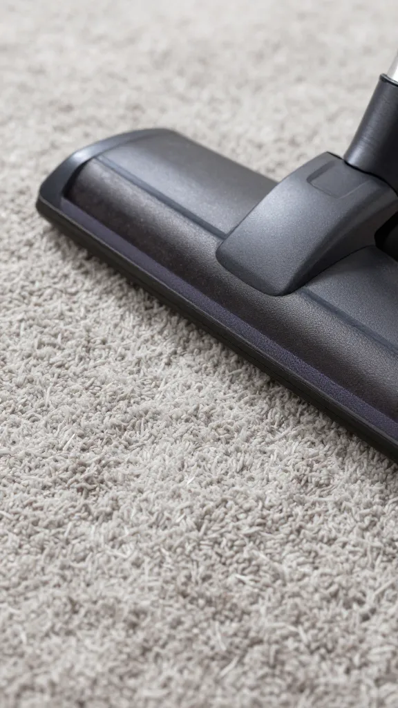 Closeup of carpet being vacuumed, focus on textured fibers