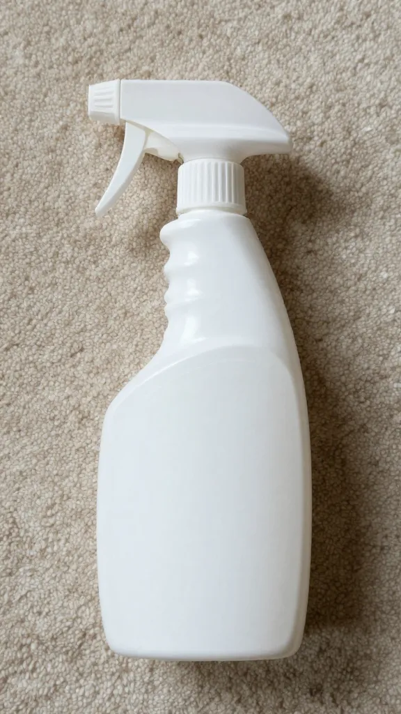 Closeup of homemade carpet cleaning solution spray bottle on carpet