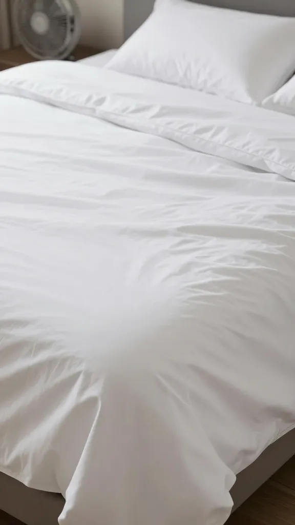 Focused shot of a freshly made bed with crisp white sheets and visible airflow from a fan