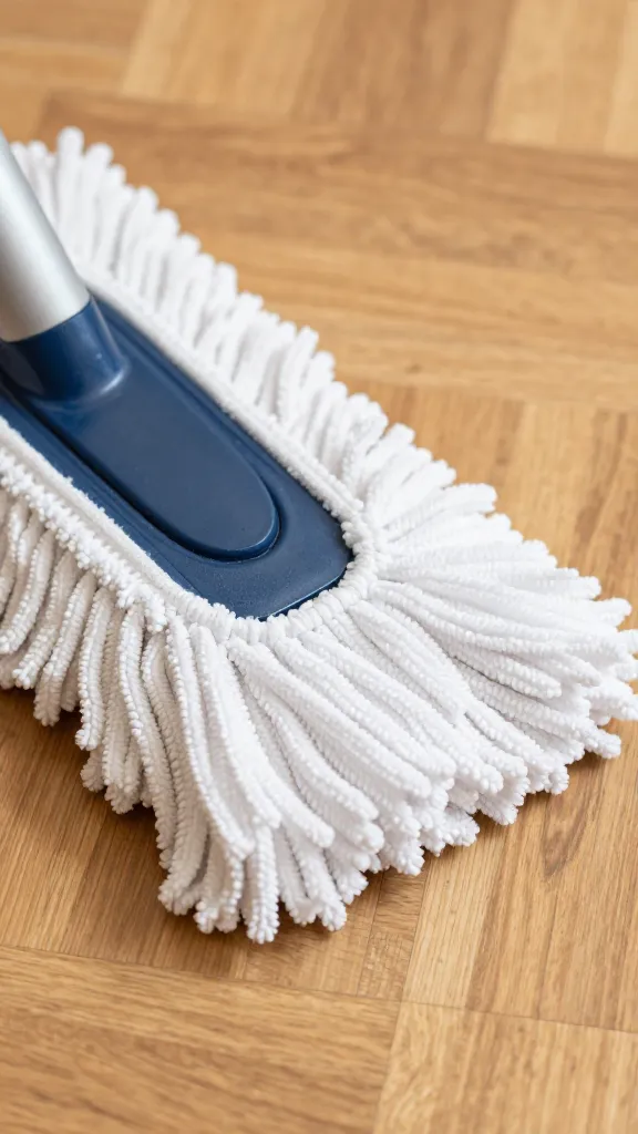 Closeup of microfiber dry mop head sweeping maple floor