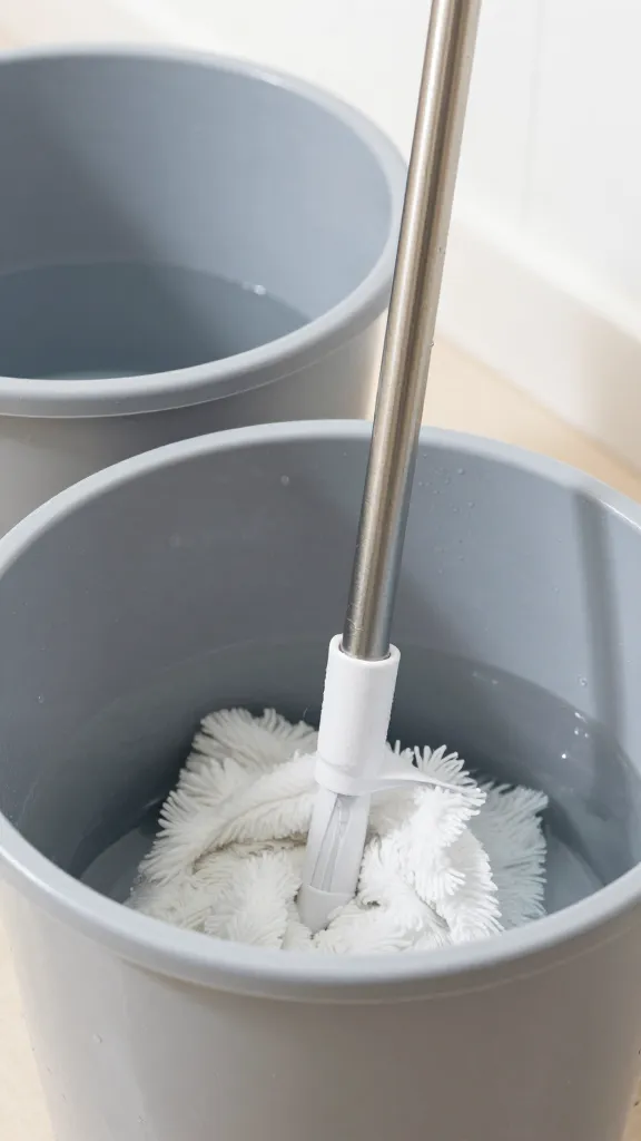 Closeup of two-bucket rinse setup with mop handle dipped in water