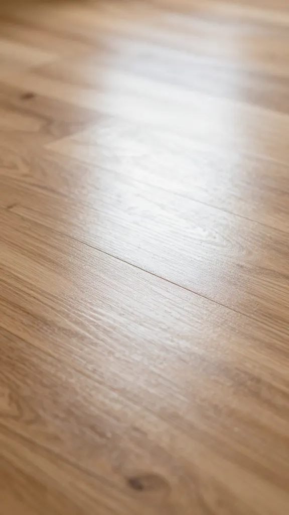 Closeup of polished wood floor catching spa-like shine under soft lighting