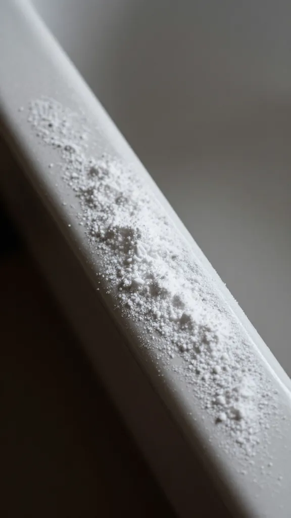 Closeup of baking soda sprinkled along tub edge