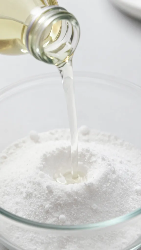Focused shot of white vinegar being poured over baking soda in tub