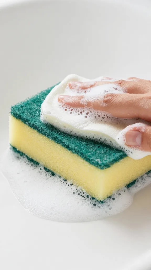 Macro image of a soft sponge wiping soap scum off tub surface