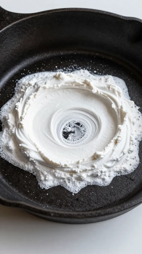 Closeup of a single cast-iron skillet being treated with baking soda paste