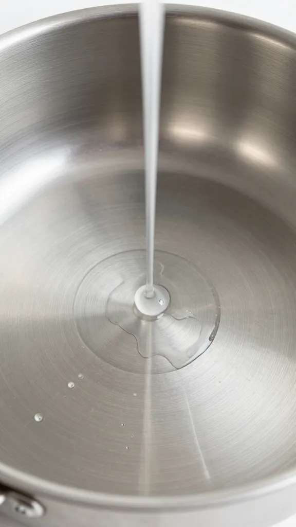 Closeup of a single stainless steel pan with white vinegar drizzle