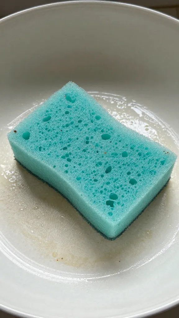 Closeup of a single sponge scrubbing a stained pan surface (no other items)