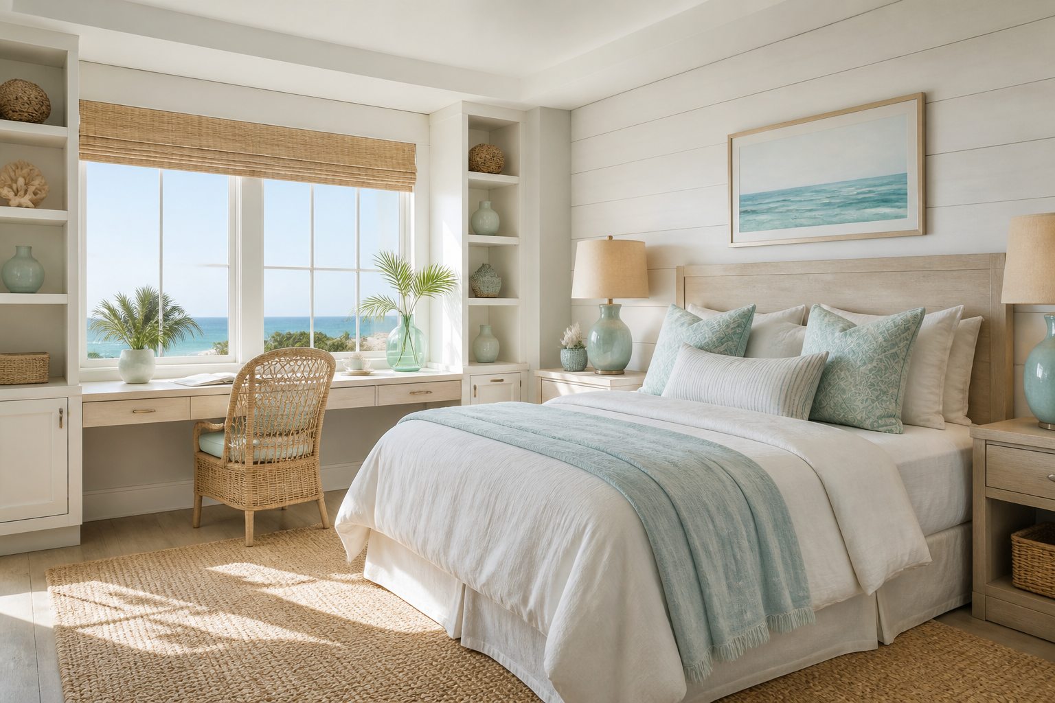 6 Bedroom with Office Desk Ideas: Calm Coastal Retreat