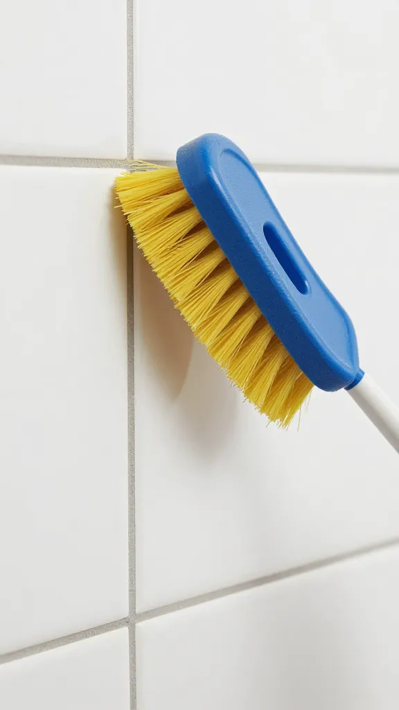 Close-up of grout line being scrubbed with brush on tile