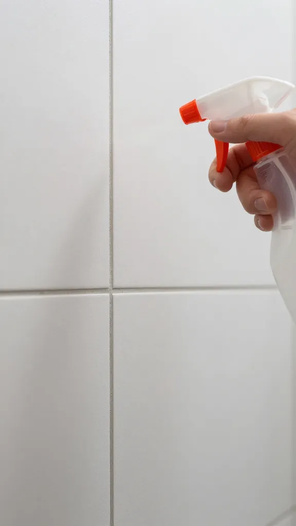 Close-up of spray bottle mist targeting stained grout line