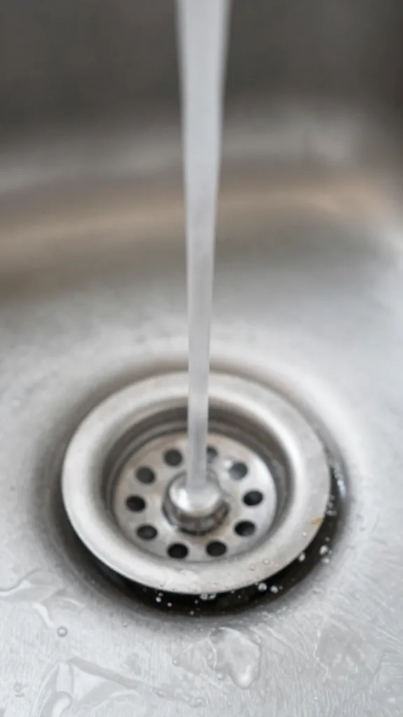 Closeup of a sink drain with clear water draining slowly