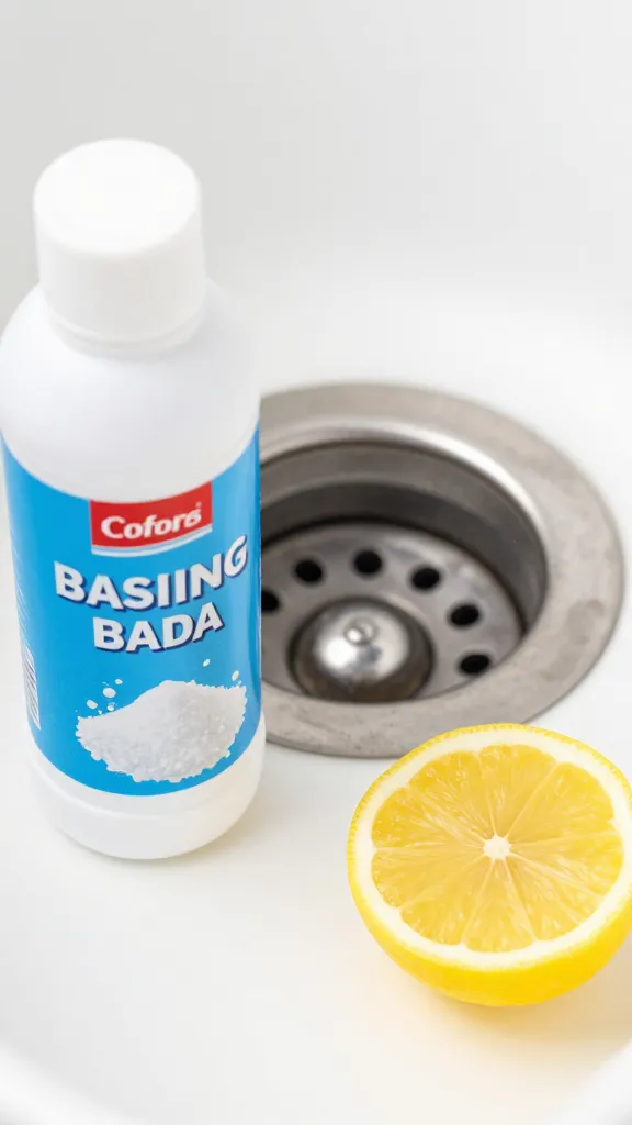 Closeup of a bottle of baking soda and a lemon slice near a clogged drain