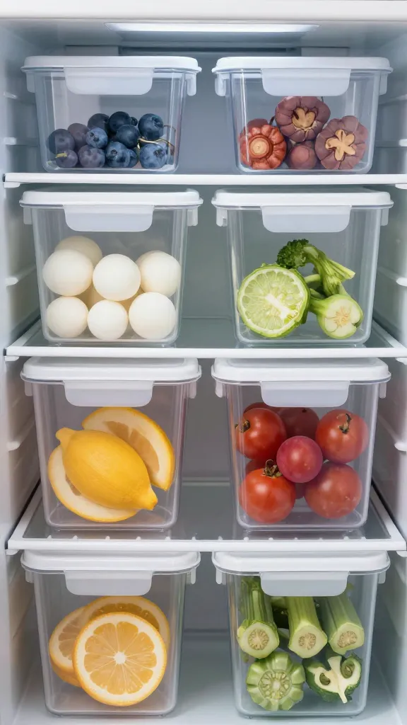 closeup of labeled, neatly organized spill-free storage containers inside fridge