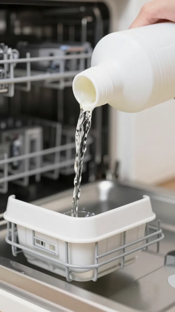 Closeup of white distilled vinegar bottle pouring into dishwasher reservoir