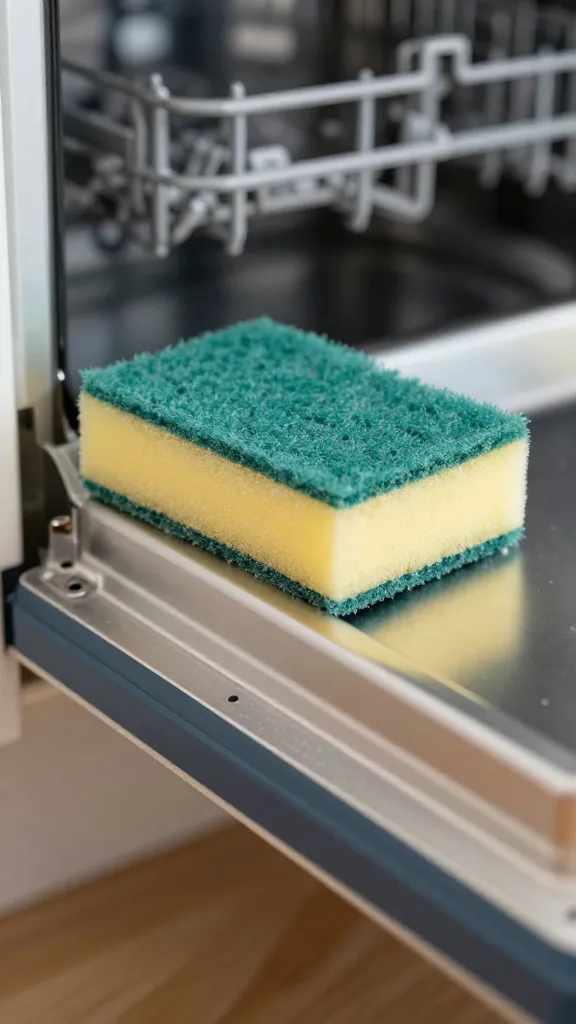 Closeup of sponge wiping dishwasher interior door seal