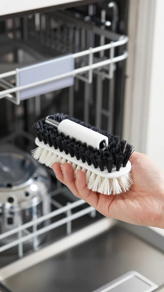 Closeup of soft-bristled brush scrubbing a spray arm inside dishwasher
