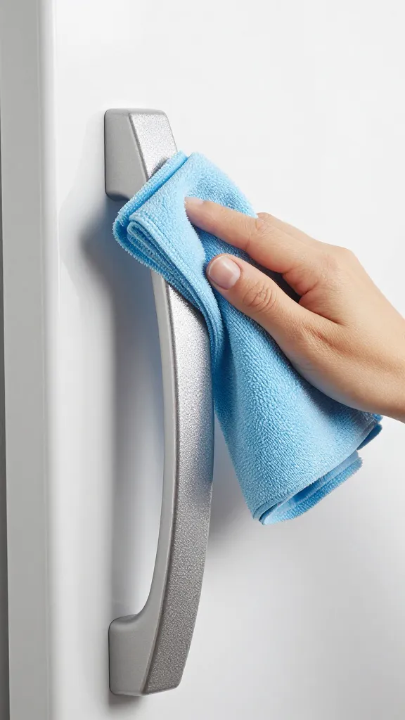 closeup of a sparkling fridge handle after wipe-down