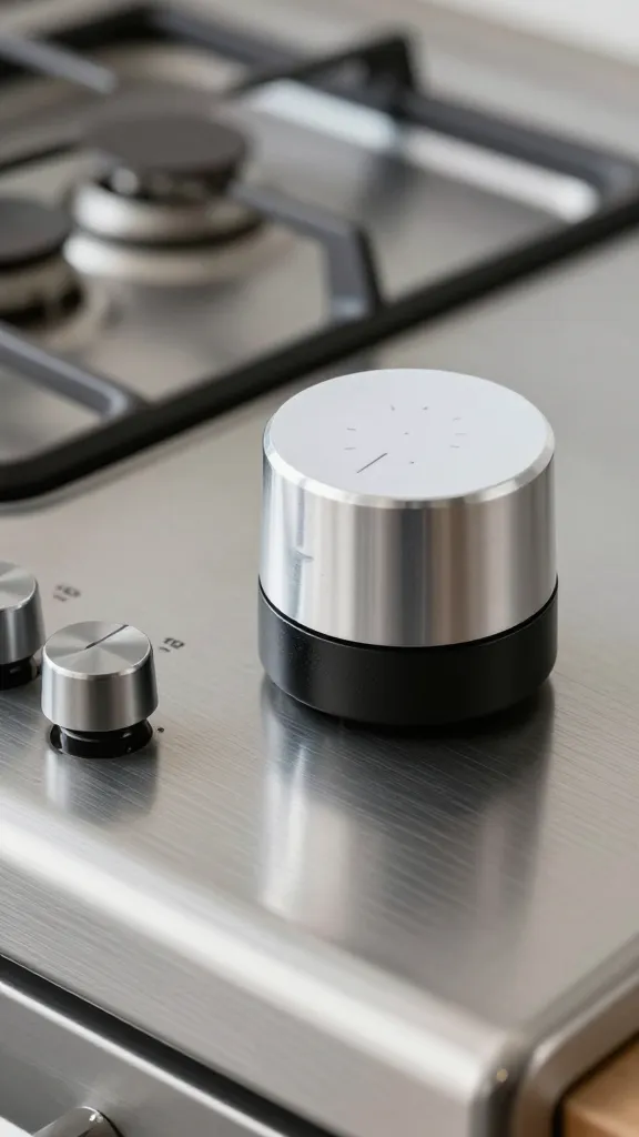 closeup of a timer beside a spotless stovetop and brushed steel controls