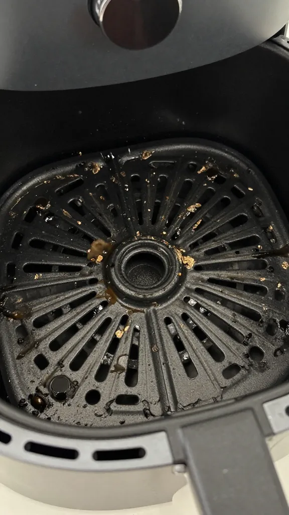 closeup of clogged air fryer basket with grime on nonstick coating