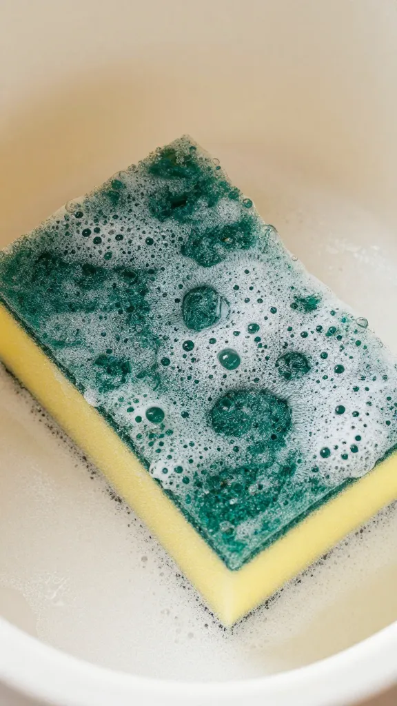closeup of warm soapy sponge scrubbing basket interior